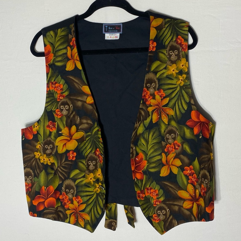 Vintage Ice Tee Tropical Floral Open Front Vest with Monkey Print L Festival